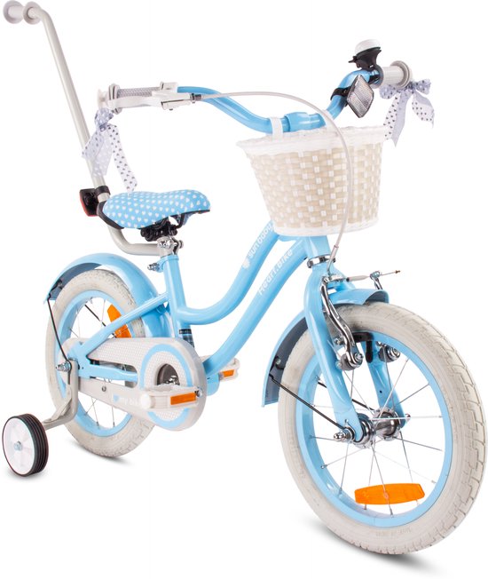 Heart Bike Fiets voor een meisje van 3 tot 5 jaar, 14 inch Silver Moon - Blauw, Wit Goud, met duwstang, mand, bel van Merkloos