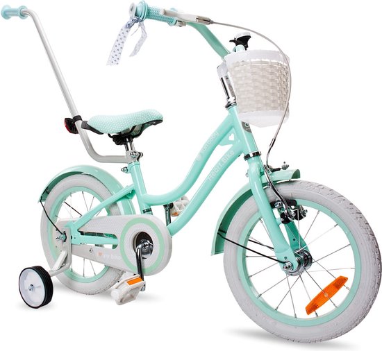 Heart Bike Fiets voor een meisje van 3 tot 5 jaar, 14 inch Silver Moon Mint, met fietsbel, zijwieltjes, duwstang en stuurmandje van Toimsa