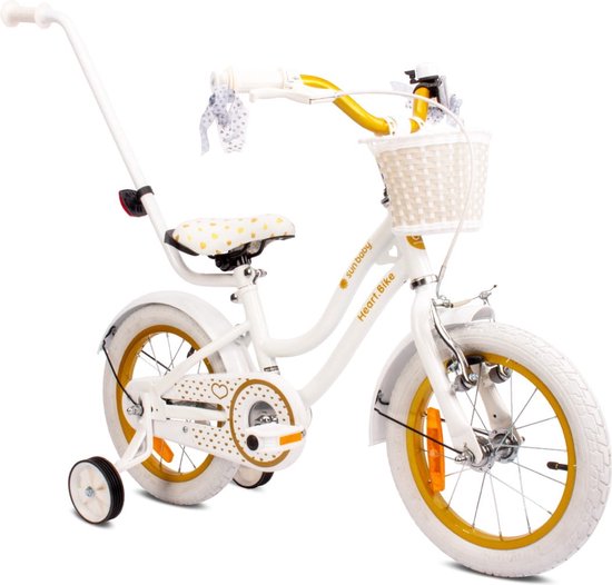 Heart Bike Fiets voor een meisje van 3 tot 5 jaar, 14 inch Wit Goud, met fietsbel, zijwieltjes, duwstang en stuurmandje van Toimsa