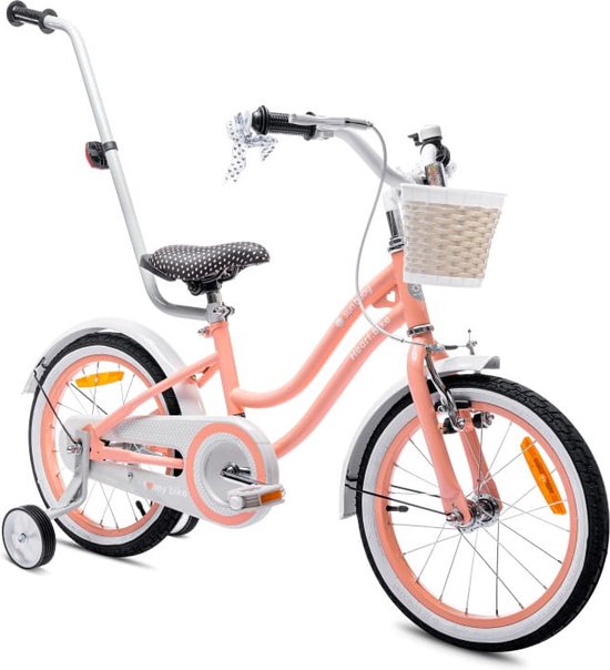 Heart Bike Fiets voor een meisje van 4 tot 6 jaar, 16 inch Abrikoos, met fietsbel, zijwieltjes, duwstang en stuurmandje van Heart Bike