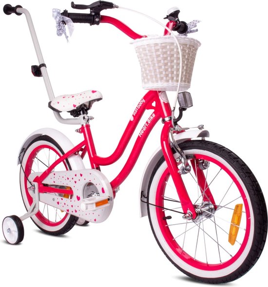 Heart Bike Fiets voor een meisje van 4 tot 6 jaar, 16 inch Framboos, Wit Goud, met duwstang, mand, bel van Denver