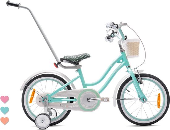 Heart Bike Fiets voor een meisje van 4 tot 6 jaar, 16 inch Mint, met fietsbel, zijwieltjes, duwstang en stuurmandje van Toimsa