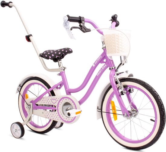 Heart Bike Fiets voor een meisje van 4 tot 6 jaar, 16 inch Paars, met fietsbel, zijwieltjes, duwstang en stuurmandje van Toimsa