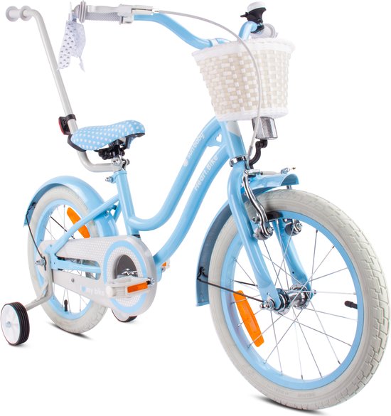 Heart Bike Fiets voor een meisje van 4 tot 6 jaar, 16 inch Silver Moon - Blauw, Wit Goud, met duwstang, mand, bel van Heart Bike