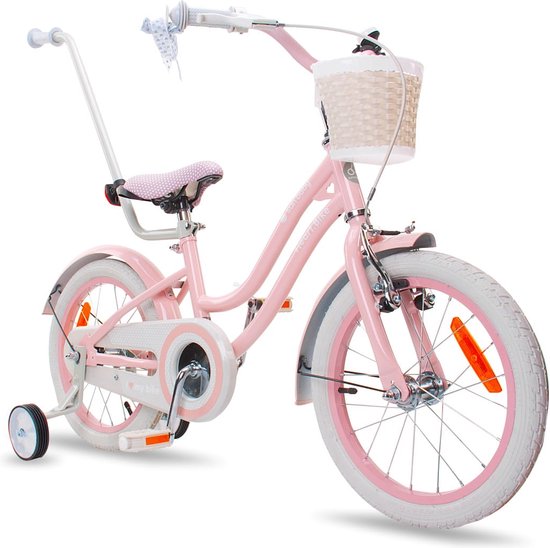 Heart Bike Fiets voor een meisje van 4 tot 6 jaar, 16 inch Silver Moon Roze, met fietsbel, zijwieltjes, duwstang en stuurmandje van Merkloos