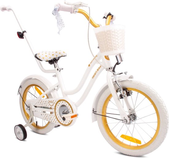 Heart Bike Fiets voor een meisje van 4 tot 6 jaar, 16 inch Wit Goud, met fietsbel, zijwieltjes, duwstang en stuurmandje van Toimsa