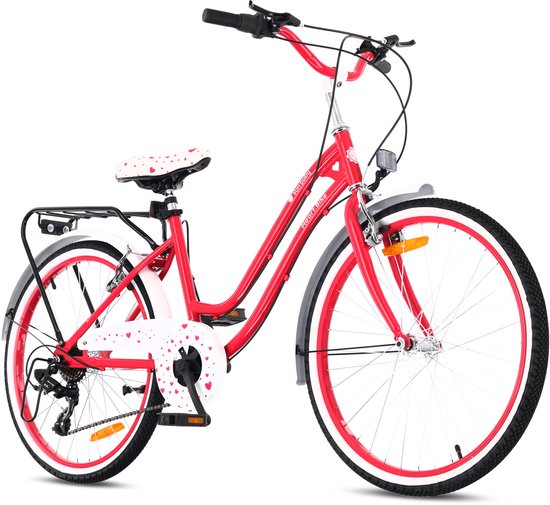 Heart Bike Kinderfiets 24 inch meisjes van 8 tot 12 jaar, Framboos, Fiets voor een meisje met 7 versnellingen, bagagedrager, metalen spatborden, V-brake, kettingkast van Heart Bike