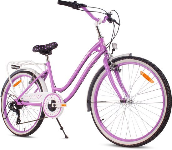 Heart Bike Kinderfiets 24 inch meisjes van 8 tot 12 jaar, Paars, Fiets voor een meisje met 7 versnellingen, bagagedrager, metalen spatborden, V-brake, kettingkast van Heart Bike