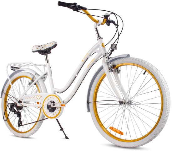 Heart Bike Kinderfiets 24 inch meisjes van 8 tot 12 jaar, Wit-Goud, Fiets voor een meisje met 7 versnellingen, bagagedrager, metalen spatborden, V-brake, kettingkast van Merkloos