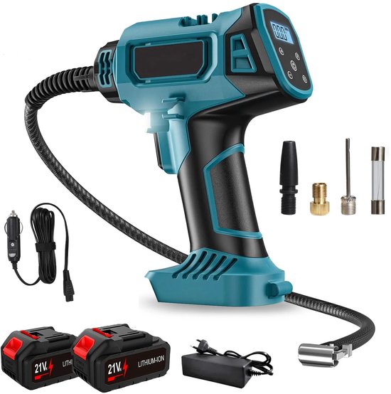 Heidat accu compressor - Luchtcompressor - Incl 2 x accu - Bandenpomp 18V - Auto en fiets - Digitaal en Led - Met 12V auto-aansluiting