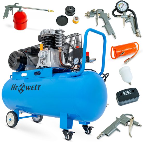 HEXWELT Compressor - Oliecompressor - 100 L - 8 bar - 2200 W - 5-in-1 Set - HEXWELT SET-HW-KO-1T-100L