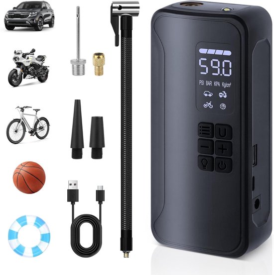 HEZIVO® Draagbare Luchtcompressor - Elektrische Fietspomp - Draadloze Compressor Bandenpomp - USB-C