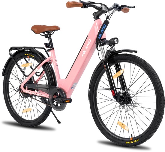 Hiland 26 Inch Elektrische Fiets (E-Bike) voor Dames & Heren - 36V 7.8Ah Batterij - 250W Motor - Comfortabele Step-Through Frame - Voorwielvering - Roze - Geschikt voor buitenactiviteiten in de lente