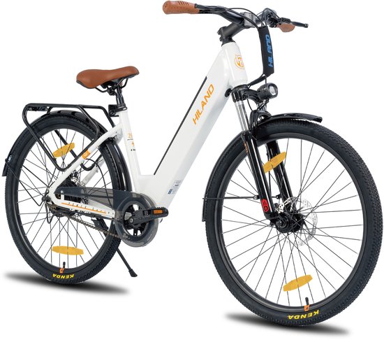 Hiland 26 Inch Elektrische Fiets (E-Bike) voor Dames & Heren - 36V 7.8Ah Batterij - 250W Motor - Comfortabele Step-Through Frame - Voorwielvering - Wit van Hiland