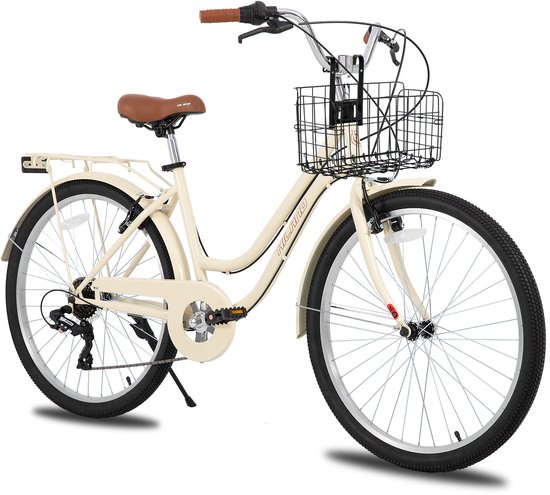 Hiland Breeze Dames Commuter Stadsfiets - 26" - 7 Versnellingen - Handrem - Mand - Standaard - Beige - Geschikt voor buitenactiviteiten in de lente
