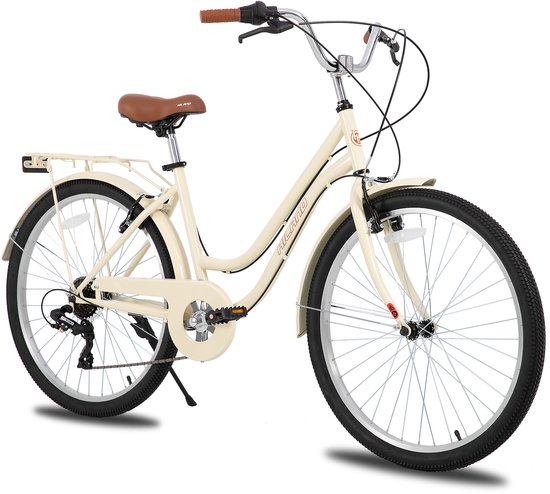 Hiland Breeze Dames Commuter Stadsfiets - 26" - 7 Versnellingen - Handrem - Mand - Standaard - Beige - Geschikt voor buitenactiviteiten in de lente van Hiland