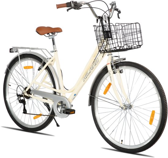 Hiland Elegante Damesfiets - 28 Inch - Stadsfiets met 7 Versnellingen - Inclusief Fietsmand & Bagagedrager - Beige