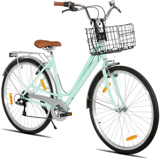 Hiland Elegante Damesfiets - 28 Inch - Stadsfiets met 7 Versnellingen - Inclusief Fietsmand & Bagagedrager - Groen