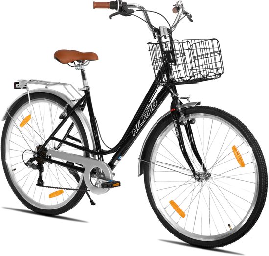 Hiland Elegante Damesfiets - 28 Inch - Stadsfiets met 7 Versnellingen - Inclusief Fietsmand & Bagagedrager - Zwart