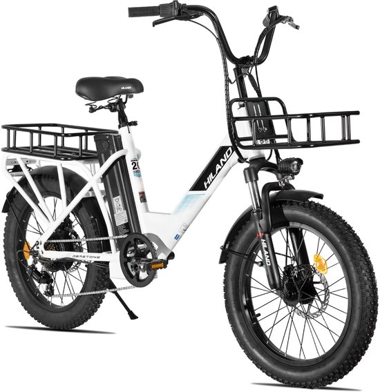 HILAND Elektrische Cargo Fatbike – 20" Dikke Banden – 48V – 7 Speed – Wit