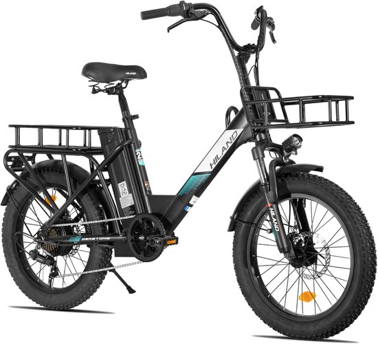 HILAND Elektrische Cargo Fatbike – 20" Dikke Banden – 48V – 7 Speed – Zwart