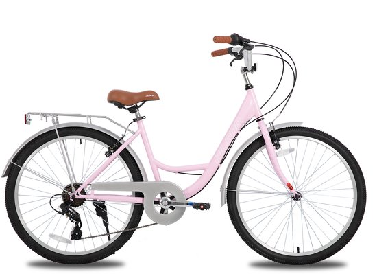 Hiland Flare Commuter Stadsfiets voor Dames - 26 Inch - 7 Versnellingen - Handrem - Standaard - Roze - Geschikt voor buitenactiviteiten in de lente
