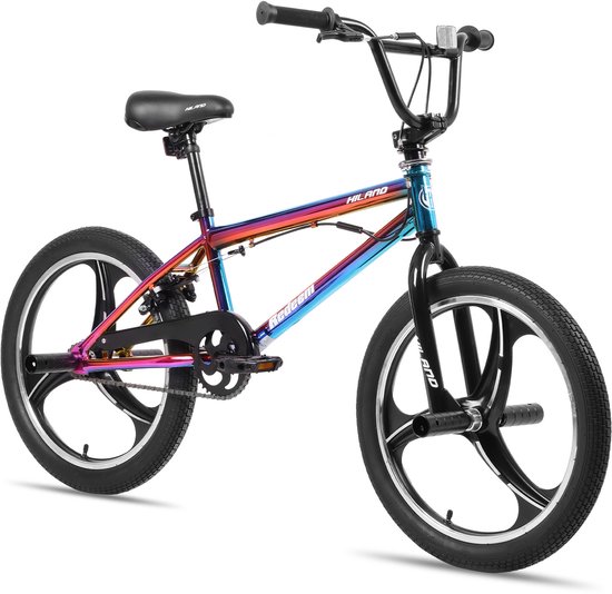 Hiland Freestyle BMX Fiets 20 Inch - Regenboog / Oilslick - Met Mag Wheels (3 Spaken), 360° Rotor & 4 Pegs - Jongens & Meisjes