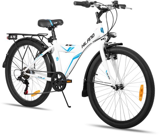 Hiland Kinderfiets - 20 / 24 Inch - Stadsfiets voor Jongens & Meisjes (6-11 Jaar) - 6 Versnellingen - Met Bagagedrager - Zwart/Wit van Hiland