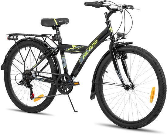 Hiland Kinderfiets - 24 Inch - Stadsfiets voor Jongens & Meisjes (6-11 Jaar) - 6 Versnellingen - Met Bagagedrager - Zwart- Geschikt voor buitenactiviteiten in de lente