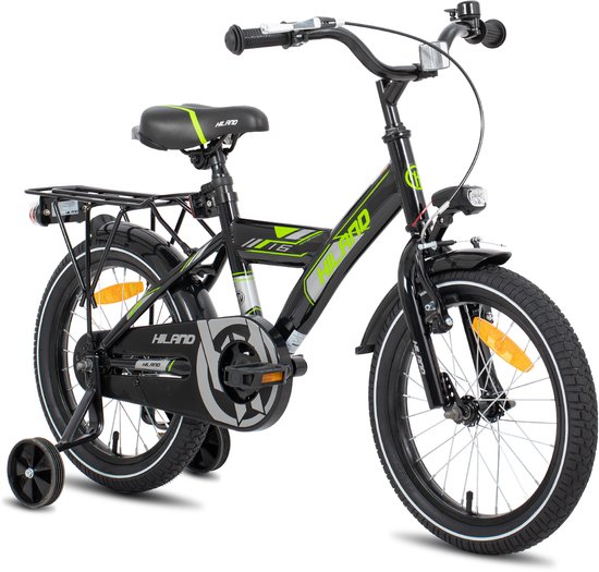 Hiland Kinderfiets voor Jongens - 16 / 18 Inch - Met Bagagedrager & Zijwieltjes - Handrem & Terugtraprem - Vanaf 5-8 Jaar van Hiland