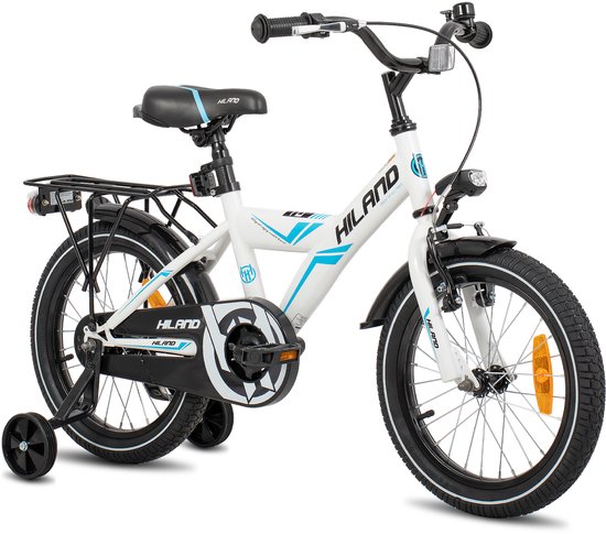 Hiland Kinderfiets voor Jongens - 16 / 18 Inch - Met Bagagedrager & Zijwieltjes - Handrem & Terugtraprem - Vanaf 5-8 Jaar van Hiland