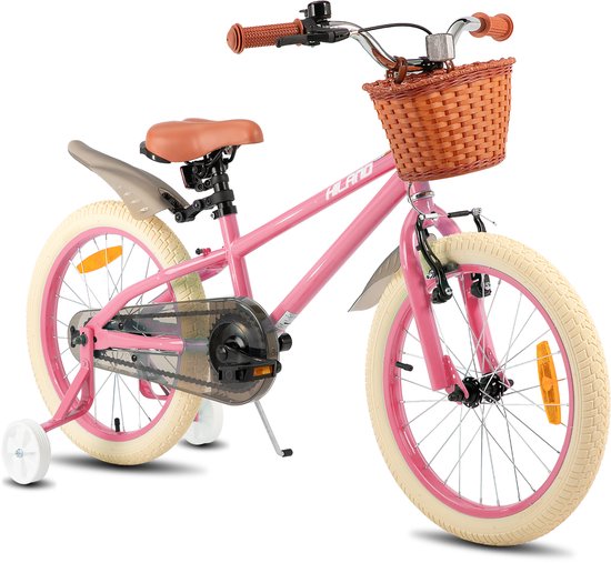 Hiland Meisjesfiets - 18 Inch - Met Mandje & Zijwieltjes - Handrem & Terugtraprem - Roze - Geschikt voor buitenactiviteiten in de lente