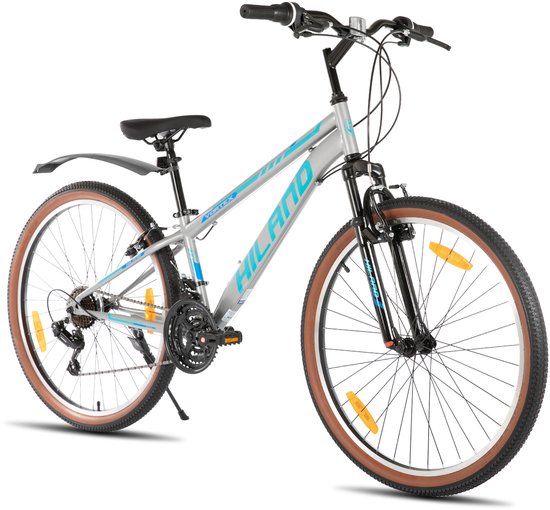 Hiland Mountainbike - 26 Inch - 21 Versnellingen - Hardtail MTB voor Heren & Dames - V-Brakes - Grijs - Geschikt voor buitenactiviteiten in de lente