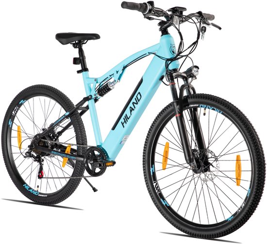 Hiland Spokane Elektrische Mountainbike - 27.5 Inch - Full Suspension - 250W Motor - Shimano 7 Versnellingen - Mechanische Schijfremmen - Blauw