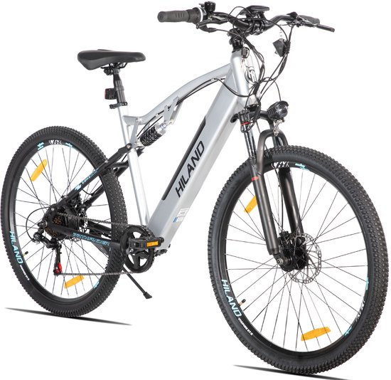 Hiland Spokane Elektrische Mountainbike - 27.5 Inch - Full Suspension - 250W Motor - Shimano 7 Versnellingen - Mechanische Schijfremmen - Grijs