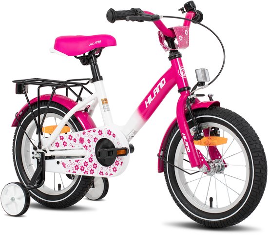 Hiland Starry Meisjesfiets - 12 Inch - Inclusief Zijwieltjes & Bagagedrager - Handrem & Terugtraprem - Roze van Hiland