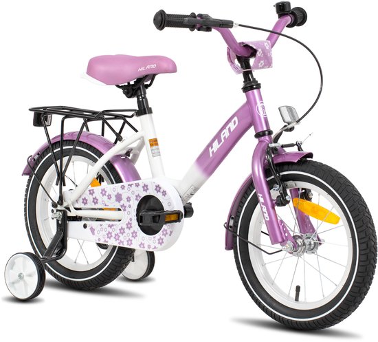 Hiland Starry Meisjesfiets - 16 Inch - Inclusief Zijwieltjes & Bagagedrager - Handrem & Terugtraprem - Paars - Geschikt voor buitenactiviteiten in de lente