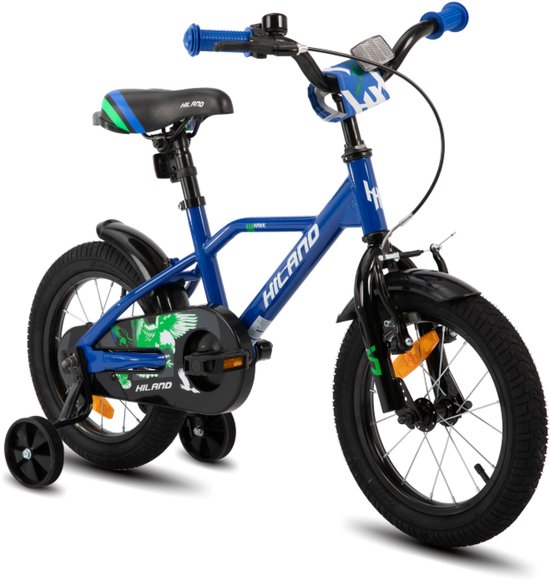 Hiland Stoere Jongensfiets - 16 Inch - Met Zijwieltjes & Standaard - Handrem & Terugtraprem - Blauw - Geschikt voor buitenactiviteiten in de lente