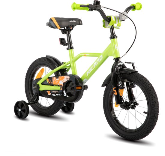 Hiland Stoere Jongensfiets - 16 Inch - Met Zijwieltjes & Standaard - Handrem & Terugtraprem - Groen van Hiland