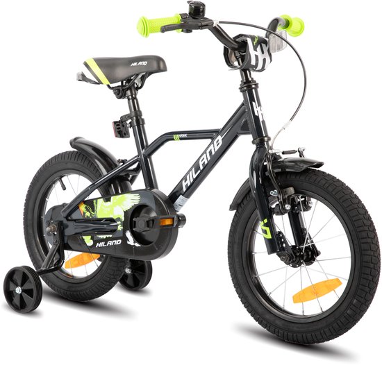 Hiland Stoere Jongensfiets - 16 Inch - Met Zijwieltjes & Standaard - Handrem & Terugtraprem - Zwart/Groen van Hiland