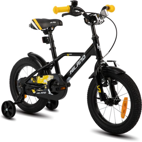 Hiland Stoere Jongensfiets - 16 Inch - Met Zijwieltjes & Standaard - Handrem & Terugtraprem - Zwart/Oranje van Hiland
