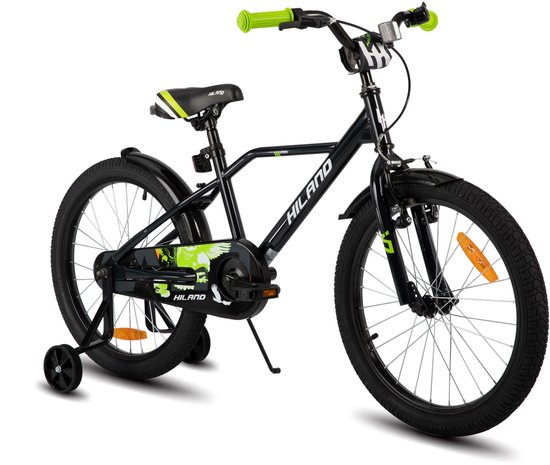 Hiland Stoere Jongensfiets - 20 Inch - Met Zijwieltjes & Standaard - Handrem & Terugtraprem - Zwart/Groen - Geschikt voor buitenactiviteiten in de lente