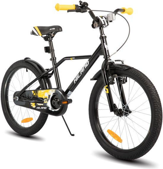 Hiland Stoere Jongensfiets - 20 Inch - Met Zijwieltjes & Standaard - Handrem & Terugtraprem - Zwart/Oranje - Geschikt voor buitenactiviteiten in de lente