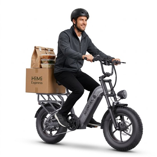 HillMiles Mile Link 1 Ebike 250W, max 25 km/u, 48V 18Ah batterij, 16×4" brede banden, hydraulische schijfremmen, sterke achterdrager, geschikt voor bezorging en stadsgebruik, grijs