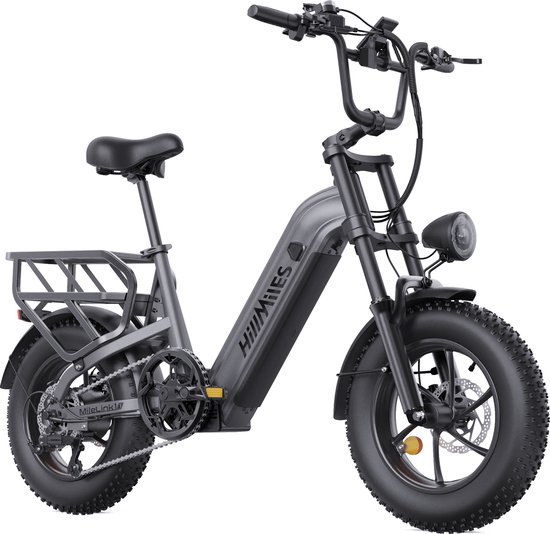 HillMiles Mile Link 1 Elektrische fiets 250W maximaal 25km/u, 48V 18Ah accu, 16x4 inch brede banden hydraulische schijfremmen, inclusief achterdrager met hoog draagvermogen, geschikt voor stadsverkeer en off-road ebike, grijs