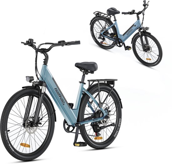 HillMiles MileCity 1 Elektrische fiets, lage instap 44cm, 26 inch stads e-bike voor volwassenen, 25km/u, Shimano 7 versnellingen, 36V13Ah accu, mechanische schijfrem, voorvorkvering, Blauw