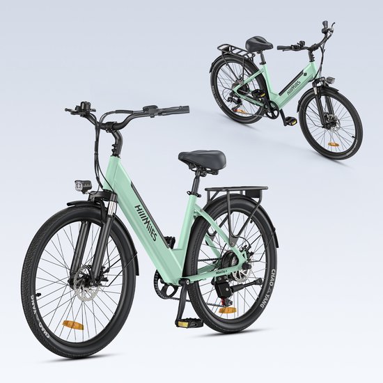 HillMiles MileCity 1 Elektrische Stadsfiets 26 inch, 250W, 36V 13Ah verwijderbare accu, actieradius tot 100km, 7 versnellingen, voorvering, schijfrem, Groen