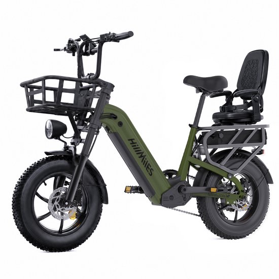 HillMiles MileLink 1 Elektrische fiets 250W 65Nm | Dubbele accu 48V (18+22,5Ah) | Hydraulische remmen, brede banden, grote achterdrager | Inclusief kinderfietszitje en voormand‑set, Stads‑ en terreinfiets, Groen