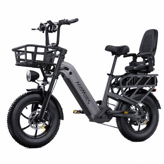 HillMiles MileLink 1 Elektrische fiets |250W 65Nm koppel | Dubbele 48V (18+22,5Ah) lithium‑accu |16×4 brede banden, hydraulische schijfremmen | Achterdrager hoog draagvermogen | Stads‑ en off‑road | Inclusief kinderfietszitje en voormand‑set, Grijs