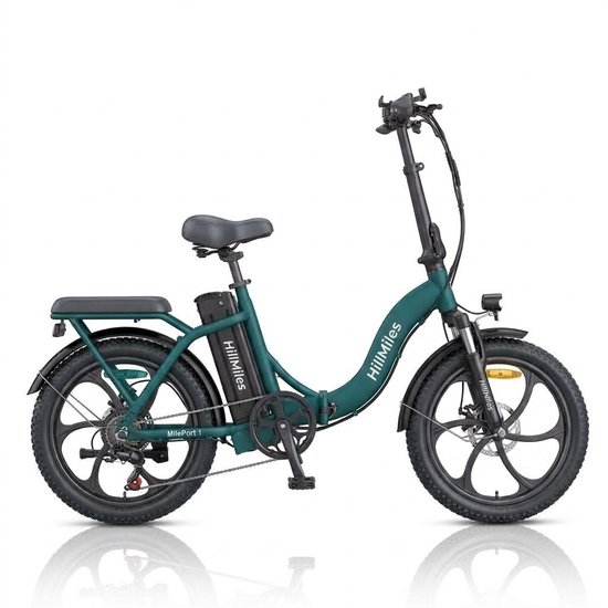 HillMiles MilePort 1 Vouwbare E-bike 20×3.0 Fatband, 25km/h, Shimano 7 versnellingen, IPX4 waterbestendig, max draagvermogen 120kg, elektrische fiets voor stad en heuvelachtig terrein, Groen